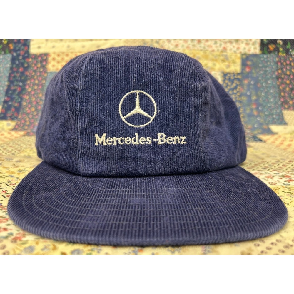 VINTAGE 80s Mercedes Benz Retro Corduroy Navy Blue Logo Adjustable Hat